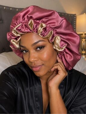 Silk Reversible Hair Bonnet - Rose Pink with Champagne Lining